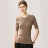 Camiseta de manga corta para mujer, cuello redondo, ajuste ceñido, de hilo Yangzi 100% lana de hilado fino, top de punto suave y cómodo