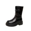 Dos VersionesOtoño/Invierno 2026 Nuevo Estilo Hebilla de Cinturón Punta Redonda Suela Gruesa Versátiles Botines Botas de Jinete Botas de Media Caña para Mujer