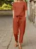 Conjunto de Verano Transfronterizo para Mujer de Algodón y Lino 2025, Blusa Oversize de Manga Media con Cuello Redondo y Pantalones de Pierna Ancha, Conjunto Vintage de Dos Piezas