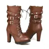 2026 Nuevo Modelo Cremallera Lateral Remache Tacón Grueso Botas de Media Pantorrilla Tacón Alto Con Cordones Botas Martin Talla Grande Comercio Exterior Zapatos de Mujer AliExpress