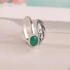 Anillo de Cara de Huevo de Jaspe Hetian Plateado Piedra Verde Pluma Moda Retro Personalidad Anillo Abierto Outlet de Fábrica