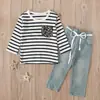 Estilo europeo y americano Primavera y Otoño Nuevo traje para niñas top de manga larga a rayas + Pantalones vaqueros conjunto de dos piezas ins