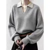Suéter de Tricô Vintage Cor de Café Falso Duas Peças com Gola Polo Manga Longa para Mulheres, Suéter Casual Solto com um Ar de Inverno Sofisticado e Relaxado