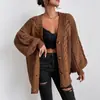 Nuevo cárdigan de punto grueso transfronterizo para otoño e invierno para mujer, estilo holgado y casual, cuello en V, manga larga, prenda exterior cálida, chaqueta de punto