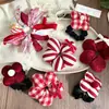 Nova Faixa de Cabelo Infantil com Estampa Xadrez Vermelho e Flores, Elástico de Cabelo