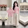 Conjunto de Roupa de Verão Estilo Coreano para Crianças Maiores: Calça Larga de Perna Larga Solta com Blusa de Manga Curta Estilosa e Fina, Calça Reta Casual da Moda