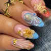 24 Peças Formato Amêndoa Crianças Diversão Estilo Oceano Vermelho Azul Francês 3D Estrela do Mar Pérola Unhas Postiças Colar Suaves Fofas Unhas Usáveis