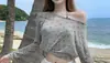 Suéter Holgado Transparente de Manga Larga Cubre Bikini Sexy para Vacaciones en la Playa Traje de Baño de Dos Piezas Chaqueta