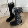 Botas de nieve largas estilo ruso con forro de polar para mujer, nueva colección de invierno 2025, suela gruesa, cálidas, con parte superior de gamuza con ribete de pelo y forro de algodón