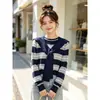 Suéter de punto con cordones y cuello a rayas azul marino popular este otoño para mujer, top holgado de manga larga, nuevo estilo primavera y otoño, prenda base