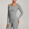 Ropa de Yoga para Mujer de Primavera y Otoño, Top Deportivo de Manga Larga con Cuello en V Ajustado, Camiseta de Hombro Normal, Moda con Sensación Nude, Ropa de Entrenamiento Físico de Secado Rápido