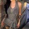 Top Tank Sexy Halter con Cuello en V para Mujer Estilo Americano Spicy Girl, Diseño de Verano con Tirantes, Corte Ajustado, Pedrería Brillante, Camisola Transparente