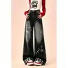 Chao Li tiene en stock pantalones vaqueros negros de empalme a cuadros con estampado de gatito para mujer, nuevos, holgados, adelgazantes, largos