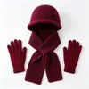 Conjunto de três peças para mãe para outono e inverno: novo chapéu de tricô floral com pelo de coelho, cachecol e luvas para aquecimento e proteção das orelhas