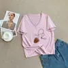 Camiseta de Algodão Leve de Meia-Manga Solta para o Verão, Top Versátil para Mulheres com Bainhas Dobradas, Mangas Curtas, Efeito Emagrecedor, Padrão de Flocos de Neve, Decote V