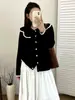 Cárdigan de punto con bloques de color y cuello Peter Pan para mujer, colección otoño 2026, talla grande, corte holgado, efecto adelgazante, prenda exterior, top 23268