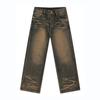 Nirben Denim Rua Americana Design de Padrão de Pegada Jeans Reto Marca de Moda Masculina Calças Largas Velhas Retrô