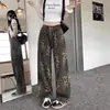 Jeans Novo Americano Retrô High Street Estampado de Leopardo Solto Reto, Calças de Cintura Alta Comprimento Total Novas para Primavera e Outono