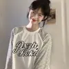 Camiseta de Manga Larga para Mujer con Estampado de Letras de Marca de Moda Diseño Rayado Chic Coreano Top Holgado Versátil
