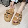 Pantuflas Birkenstock de lana gris estilo japonés para mujer, aptas para usar en exteriores, nuevo modelo otoño 2026, pantuflas versátiles de algodón afelpado para estudiantes con suela gruesa
