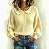 Novo suéter de malha com gola de boneca franzida transfronteiriça para mulheres, pulôver de manga longa tipo lanterna, top de estilo suave para outono e inverno