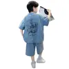 Conjunto Jeans Botonê para Meninos, Novo Estilo de Verão, Conjunto de Duas Peças com Padrão de Dragão, Tendência Nacional Infantil, Conjunto Estiloso Estilo Tang para Crianças Maiores