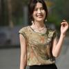 Satin de Seda Primavera y Verano 2026 Nueva Camiseta de Manga Corta Ajustada Redonda Floral para Mujer para Usar por Encima o Como Capa
