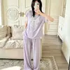 Pijama Feminino de Verão em Algodão com Gola Redonda, Manga Curta, Sutiã Embutido, Calça Longa, Roupa de Casa Casual Doce Coreana, Pode Ser Usado ao Ar Livre