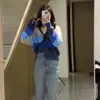 Estilo Coreano Otoño e Invierno Nuevo Cuello en V Combinación de Colores Estilo Holgado Perezoso Cárdigan de Punto para Mujer Versátil Suave Ceroso Suéter Rayado Chaqueta