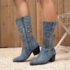 Botas de Caballero talla grande 2024 Invierno Nuevo Punta Bordado Tubo Medio Tacón Grueso para Mujer Altura Aumentada Étnico Occidental Botas Cowboy