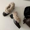 Zapatos Mao Mao de Punta Cuadrada Mocasines sin Cordones para Mujer Otoño e Invierno Nuevos Zapatos de Cuero con Tacón Grueso Forrados de Lana