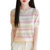 Verano 2025 Nuevo Transfronterizo Tejido de Punto de Cuello Redondo de Seda Helada Camiseta de Manga Corta para Mujer con Rayas de Bloques de Color y Abertura en el Bajo