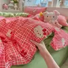 Conjunto de cama de quatro peças em gaze de algodão macio classe A, camada dupla, estilo de fronha e lençol com desenhos animados frescos, conjunto de três peças para dormitório estudantil