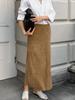 Saia de Veludo Camurçado, Cor Cáqui Feminina, Saia Longa Reta Emagrecedora de Cintura Alta Estilo Francês, Moda Outono 2026 Roupas Femininas