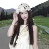 Gorro Elegante de Encaje con Forma de Flor Estilo Coreano para Mujer, Sombrero de Algodón Tejido a Crochet, Sombrero de Punto Versátil para Primavera y Verano