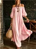 Vestido de color liso texturizado con mangas abullonadas y hombros descubiertos, estilo europeo y americano, corte holgado, bajo amplio, vestido largo fluido para vacaciones en la playa