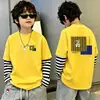 Camiseta de Manga Larga con Parches Rayados para Niños, Falsa Dos Piezas, Capa Base de Algodón Puro, Primavera Otoño 2026 Nuevas Llegadas, Ropa para Niños Medianos y Grandes