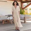 Vestidos Populares Europeus e Americanos Transfronteiriços, Roupas Femininas de Alto Padrão, Vestido Longo de Renda com Botões e Cadarço em V, Vestido Elegante e Sofisticado Estilo Francês