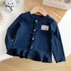 Cardigan Feminino de Renda para Primavera e Outono Doce Aplique Botões Coloridos Gola Redonda Manga Longa para Bebê Menina Versátil Macio Grudado Camada Base Top