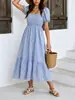 Vestido de Verão Estilo Country Plus Size Transfronteiriço com Mangas Bufantes, Estilo Bolo, Gola Quadrada Xadrez Vichy e Cintura Alta