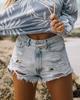 Comércio Exterior Europeu e Americano Suprimento Transfronteiriço Shorts Jeans Rasgados Slim Fit com Franjas para Mulheres Jeans Feminino