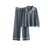 Conjunto de Malha Duas Peças Casual Fashion com Lapela Contrastante, Cintura Alta e Corte Slim - Lançamento Outono/Inverno 2024 Europeu e Americano