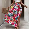 Saia Midi Estampada Floral Colorida, Estilo Boho, Férias, Casual à Beira-Mar, Roupa Retrô Americana