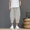 Calças harém de perna reta para homens plus size, calças cropped de verão, tamanho grande, listradas, largas, novo estilo chinês, shorts finos casuais para uso externo