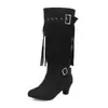 Moda Outono e Inverno 2026 Cross-Border Dropshipping Botas de Salto Alto com Franjas Tamanho Grande Fivela de Cinto Botas de Cano Alto Botas Femininas