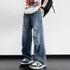 Jeans plissado retrô americano para homens, estilo fino primavera/verão, calças casuais versáteis de alta costura da moda, corte reto solto para trabalho