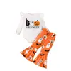Disfraz de Halloween para Bebé Romper con Estampado de Letras y Mangas Abullonadas Pantalones de Campana de Calabaza, Fantasma, Murciélago y Diadema Juego de Tres Piezas
