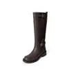 Botas de Equitação de Couro Integral com Fivela Ajustável 2026, Salto Médio Robusto, Bico Arredondado, Circunferência Ampla da Panturrilha, Botas Longas de Tubo Alto em Couro Genuíno para Mulheres