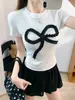 8526 # Camiseta de manga corta de verano nuevo estilo, pura y seductora, con lazo y encaje empalmados, para mujer, corte ajustado con copas fijas en el pecho