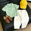 Estilo Coreano Camisa de Punto para Niños Verano 2026 Nueva Verde Bordado Hueco Cuello Polo Manga Corta Pantalones Casuales para Niños Modernos